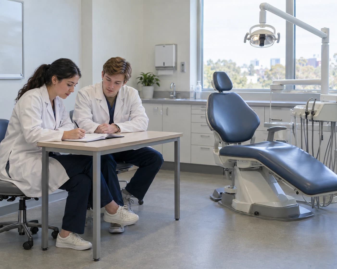 Illustration générée par IA : deux étudiants révisent à un bureau dans une salle de soins dentaires