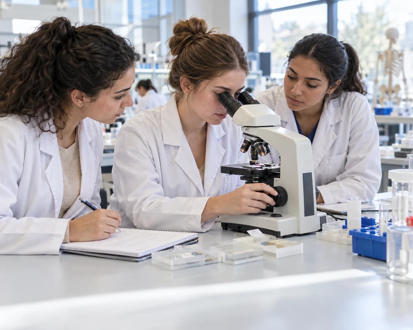 Illustration générée par IA : des étudiants en blouse travaillent au microscope dans un laboratoire pédagogique
