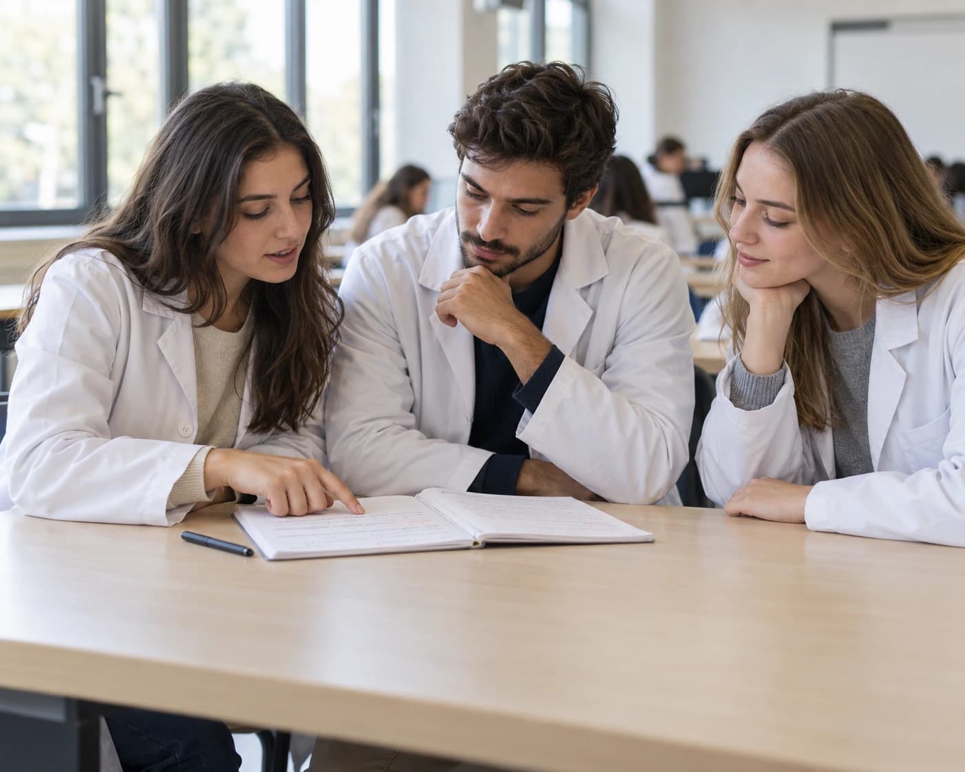 Illustration générée par IA : trois étudiants en blouse révisent ensemble autour d’un cahier