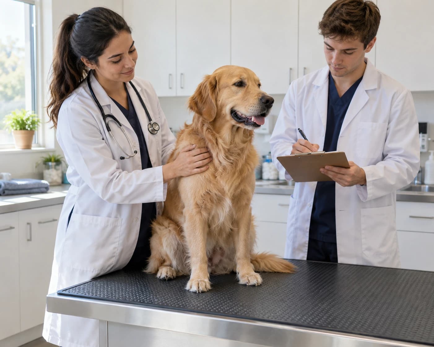 Illustration générée : deux étudiants vétérinaires auprès d’un chien dans une salle de consultation