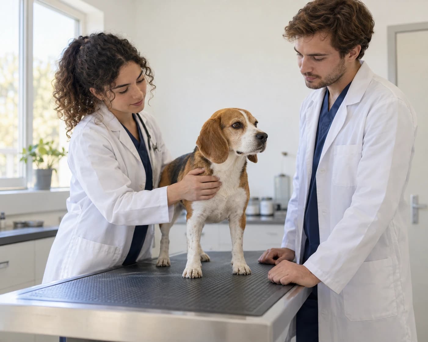 Illustration générée : deux étudiants vétérinaires auprès d’un beagle dans une salle de consultation