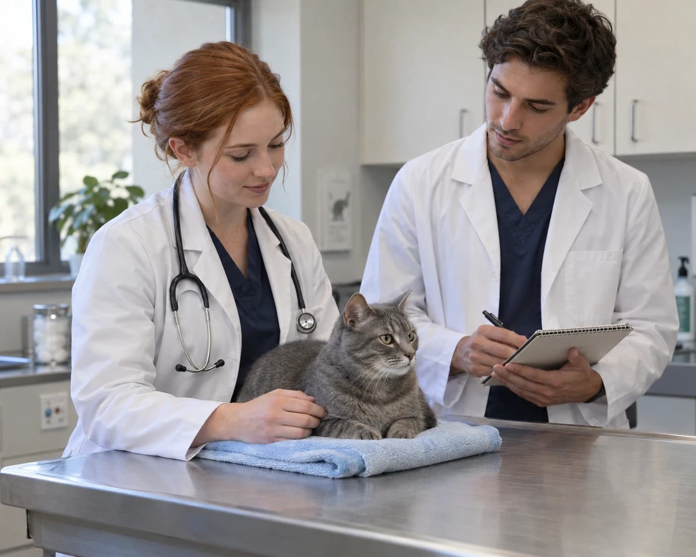 Illustration générée : deux étudiants vétérinaires auprès d’un chat gris dans une salle de consultation