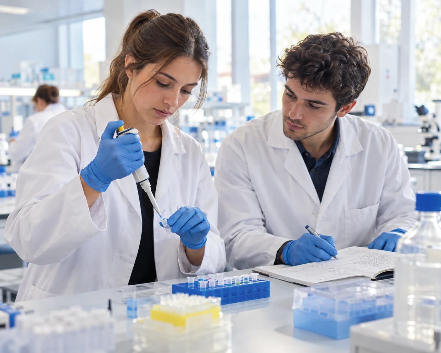 Illustration générée par IA : deux étudiants en blouse réalisent une manipulation à la micropipette dans un laboratoire pédagogique