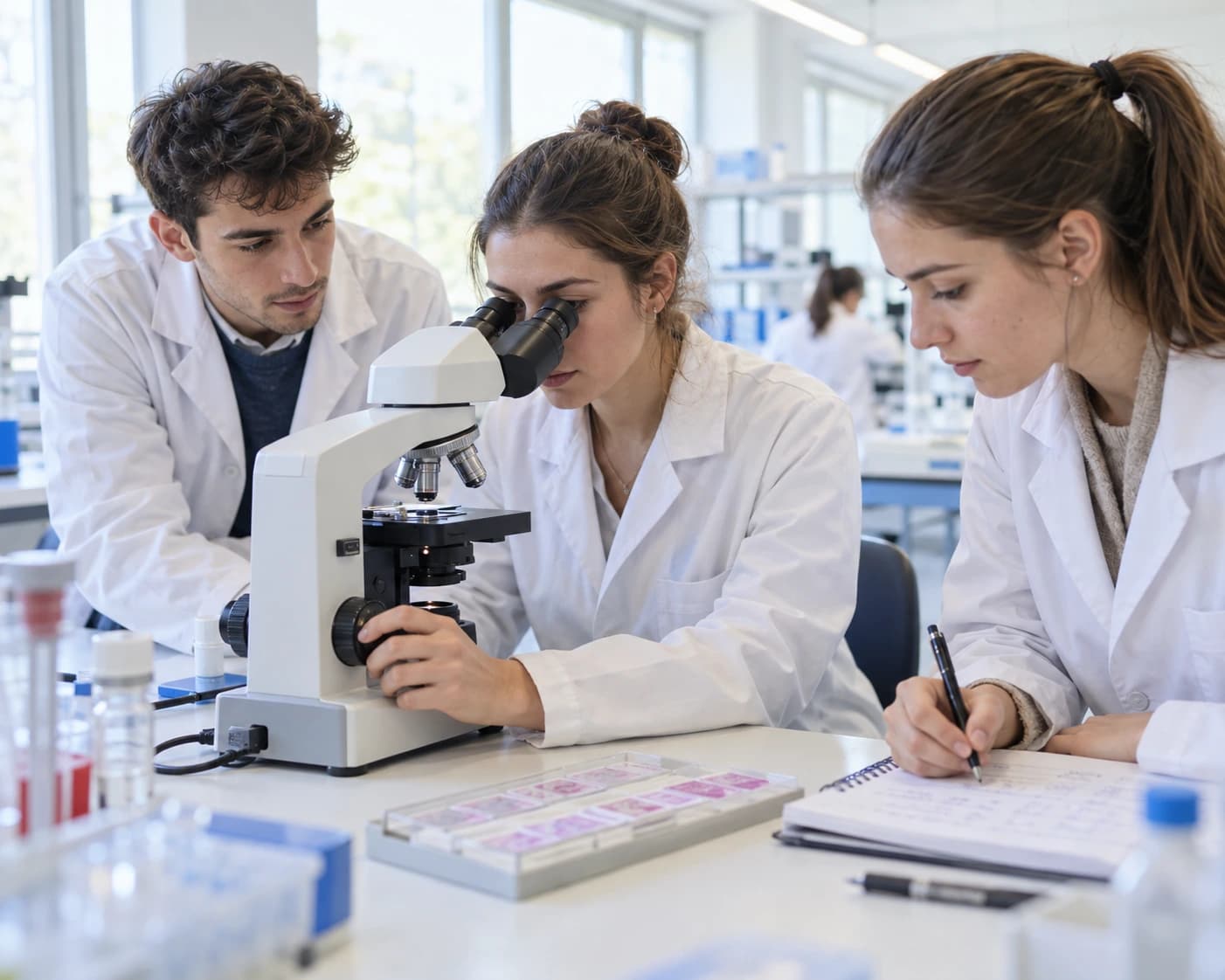 Illustration générée par IA : trois étudiants en blouse étudient une lame au microscope dans un laboratoire pédagogique