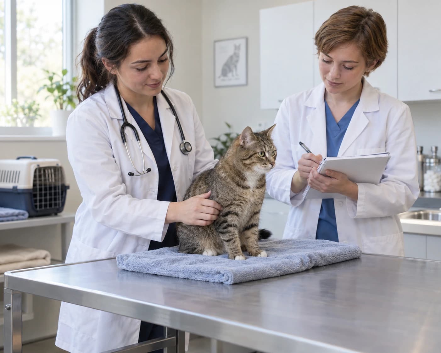 Illustration générée : deux étudiantes vétérinaires auprès d’un chat dans une salle de consultation